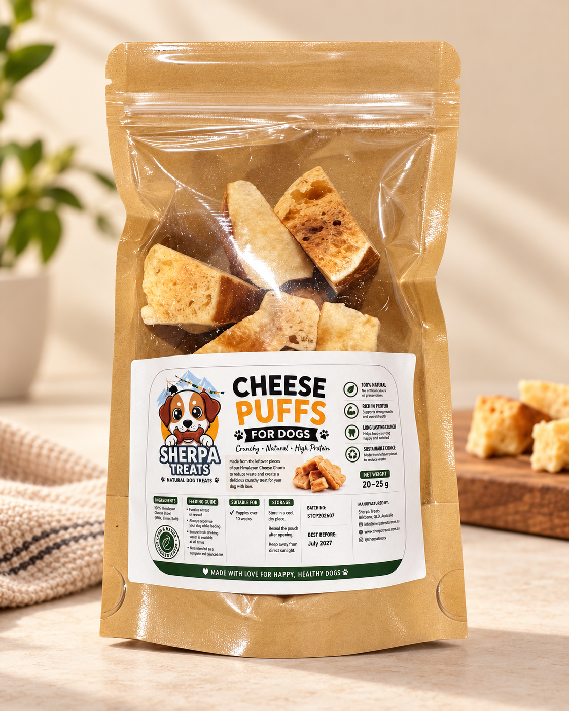 Sherpa Treats Cheese Puffs for Dogs - Natural Crunchy High-Protein Treats | 20–25g
