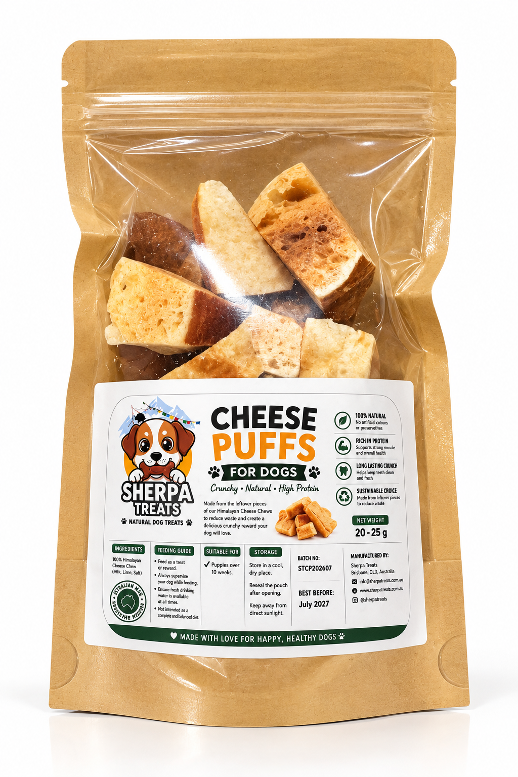 Sherpa Treats Cheese Puffs for Dogs - Natural Crunchy High-Protein Treats | 20–25g